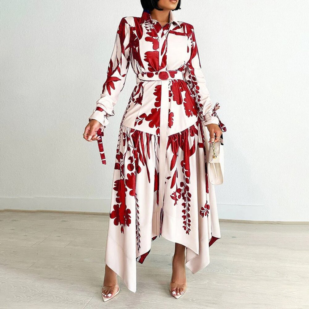 Summer fashion temperament printed lapel long sleeve irregular dress